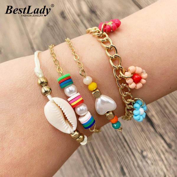 

lady summer beach shell beads stone charm bracelets for women bohemia flower rope chain bangles holiday jewelry, Golden;silver