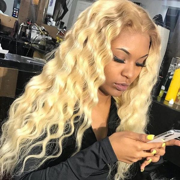 

deep wave frontal wig 613 blonde lace front human hair wigs t part brazilian pre plucked with baby for women, Black;brown