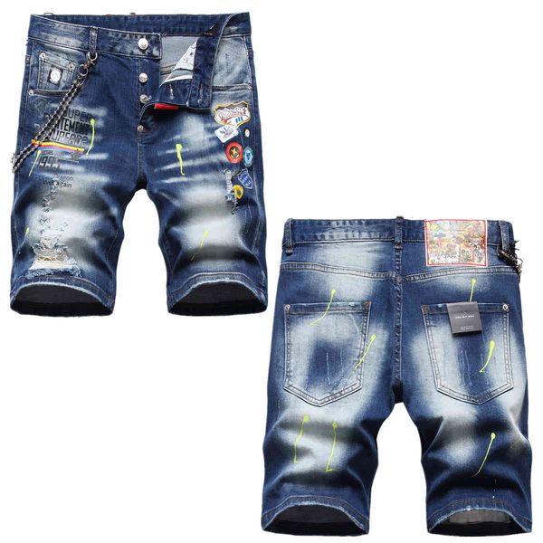 

jeans 2021 summer perforated paint throwing shorts for men, Blue