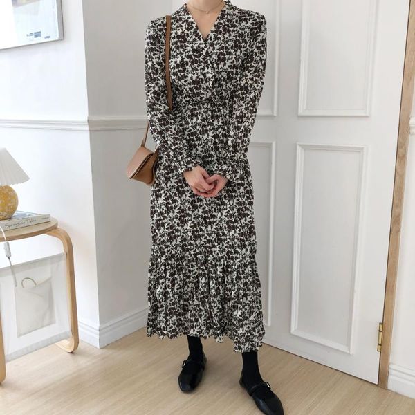 

korea style print dress women loose long sleeve a-line vintage vestidos de fiesta casual dresses, Black;gray