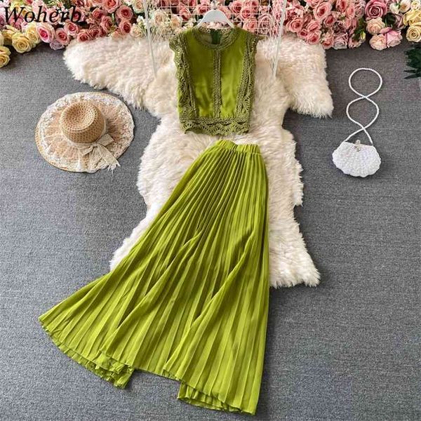 

summer women 2 piece set solid tank chiffon lace blouse+high waist pleated skirts beach style fashion korean outfits 210519, White
