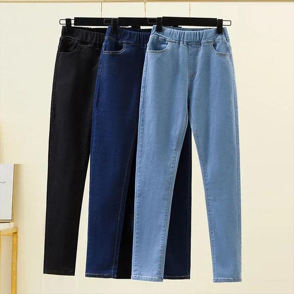 

classic slim stretch pus women jean size 5xl elastic high waist moms pencil pants casual solid denim trousers female, Blue