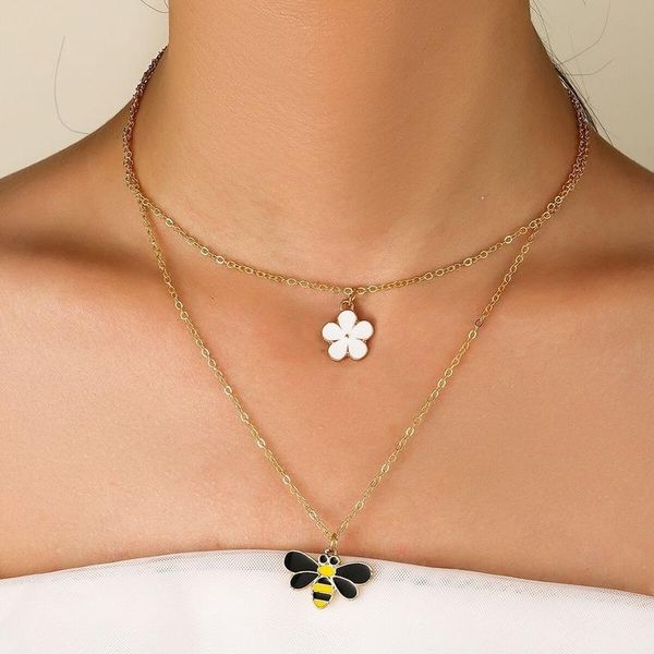 

chains product european and american creative double-layer flower bee pendant clavicle chain personality fashion accessory necklace, Silver