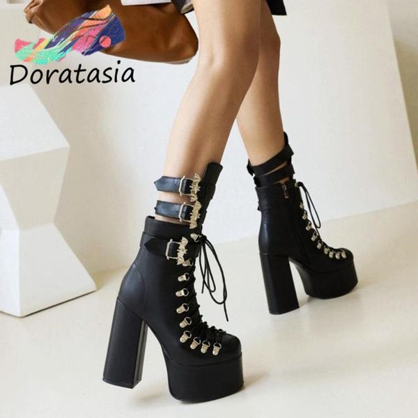 

boots doratasia punk women solid buckle lace up bat decoration high heel plarform 2021 casual trendy luxury winter shoes, Black