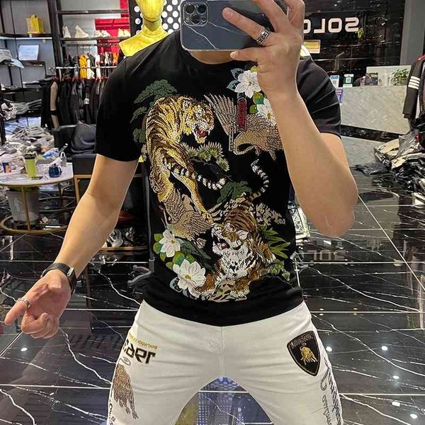 

men's t-shirts summer of fine men casual sleeves short fashion heavy personality industry tiger head printing crew neck t shirt for 2lk, White;black