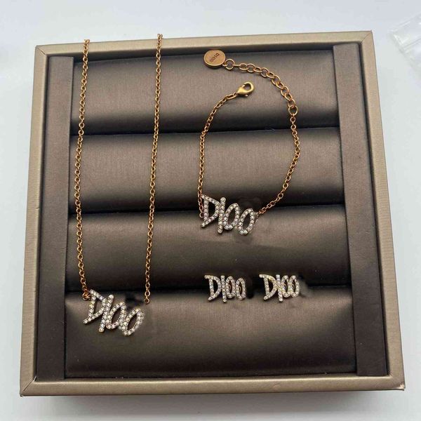 

trend versatile fashion design sense boutique d's new letter necklace bracelet set net red same temperament earrings women's brass, Silver