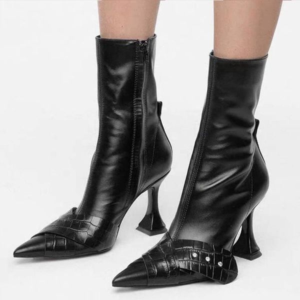 

boots design fashion cross leather strap women elegant pointed toe thin high heels crystal autumn winter warm ankle, Black