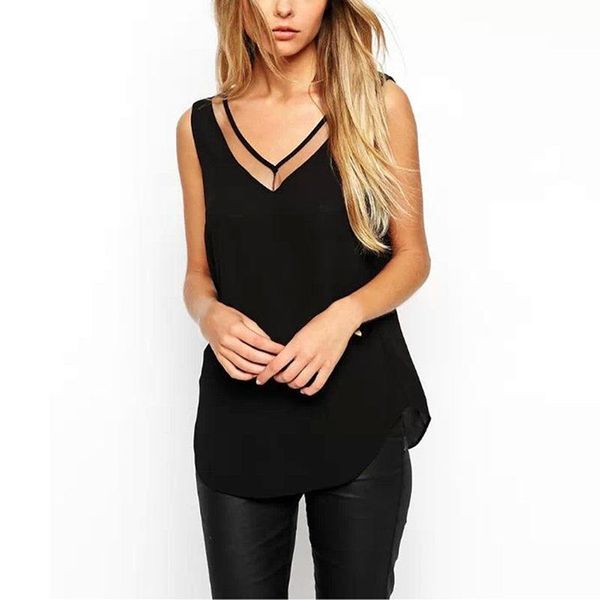 

v-neck chiffon vest women summe sleeveless backless casual tank blusas sheer mesh patchwork shirts women's blouses &, White