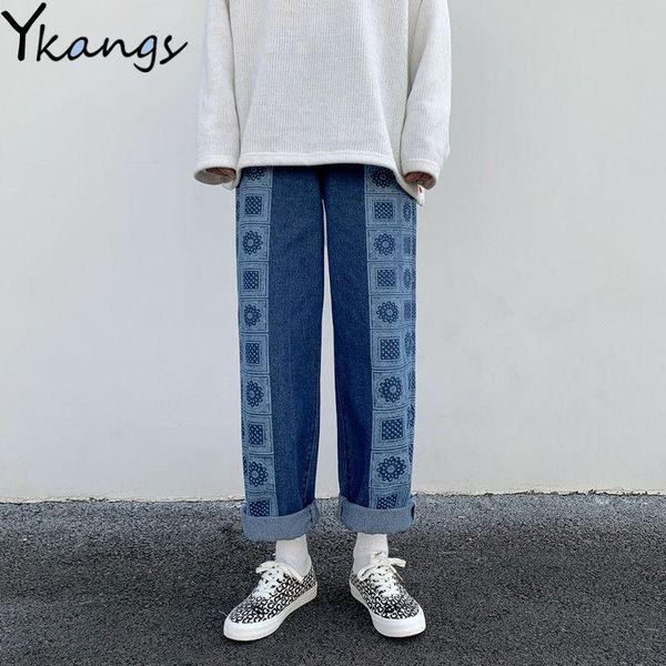 

oversize cashew flower printing retro jeans loose wide-leg straight denim trousers women ins streetwear plus size harem pants women's, Blue