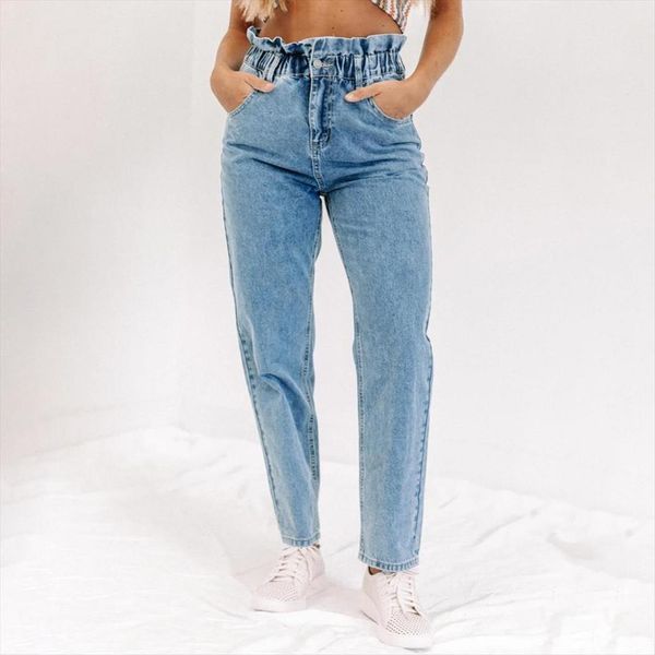 

autumn denim pants vintage women jeans elastic high waist loose cowboy streetwear, Blue