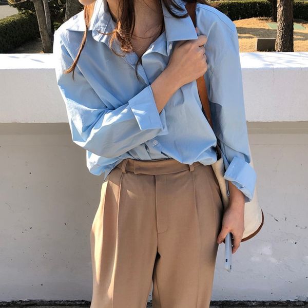 

bgteever casual loose women blouses shirts minimalist single-breasted female blue shirts 2021 spring summer oversized femme, White