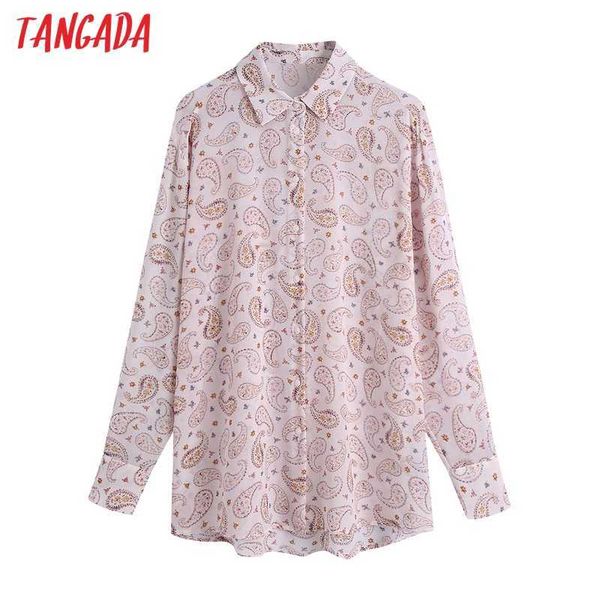Tangada Kadınlar Paisley Baskı Gevşek Şifon Bluzlar Moda Vintage Uzun Kollu Kadın Gömlek Blusas Chic Be541 210609 Tops