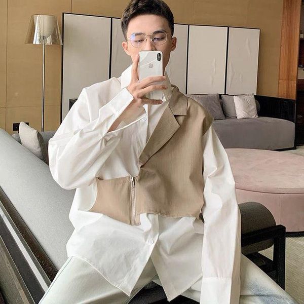 

men's casual shirts aesthetic patchwork blouse fake two-piece long-sleeved 2021 autumn korean fashion high street style zipper shirt, White;black