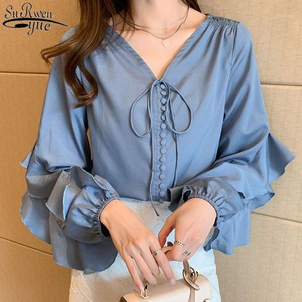 

women's blouses & shirts 2021 spring solid for women v-neck satin casual petal sleeve loose office ladies shirt female 13092, White