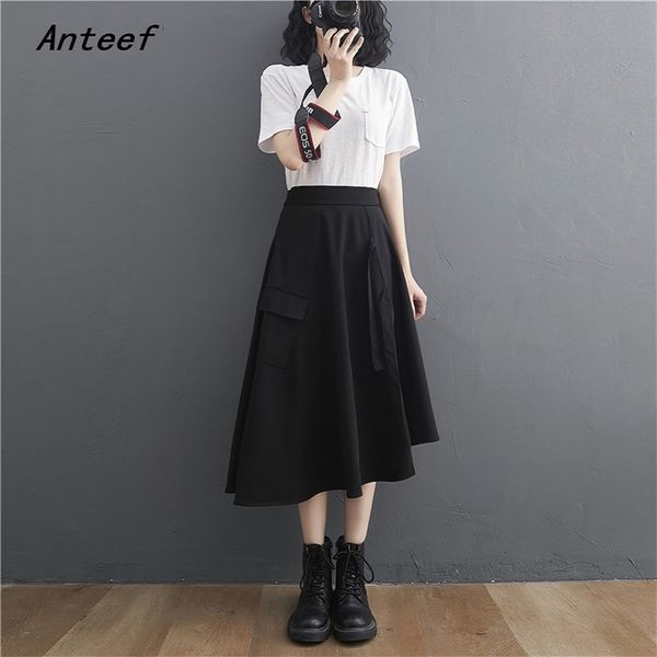 

plus size stretch black vintage high waist irregular summer casual loose midi for woman skirts womens skirt clothes 210517