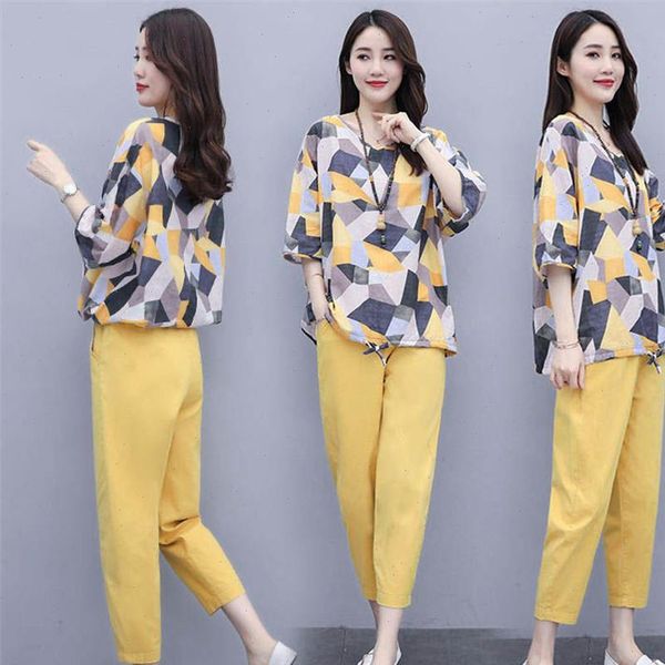 

plus size summer two womenpant piece set loose printed shirt pants suits office lady fashion womens setsm 4xl, White