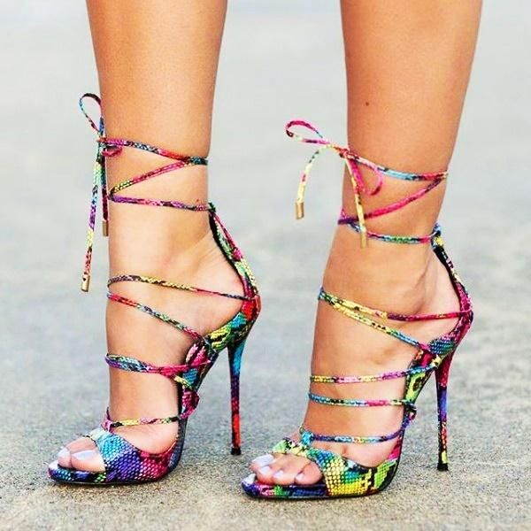

dress shoes snake skin crisscross tied sandals open toe thin high heel narrow strap flower pattern runway flawless woman sexy, Black
