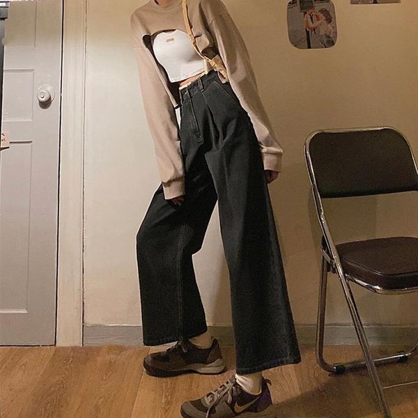 

women's jeans spring autumn lace woman high waist loose thin straight wide leg pants simple elegant casual streetwear trend, Blue