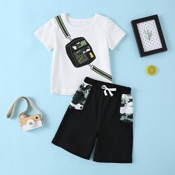 

kids clothes new summer childrens white small schoolbag printing black camouflage splicing pants suit two piece set 2-7y