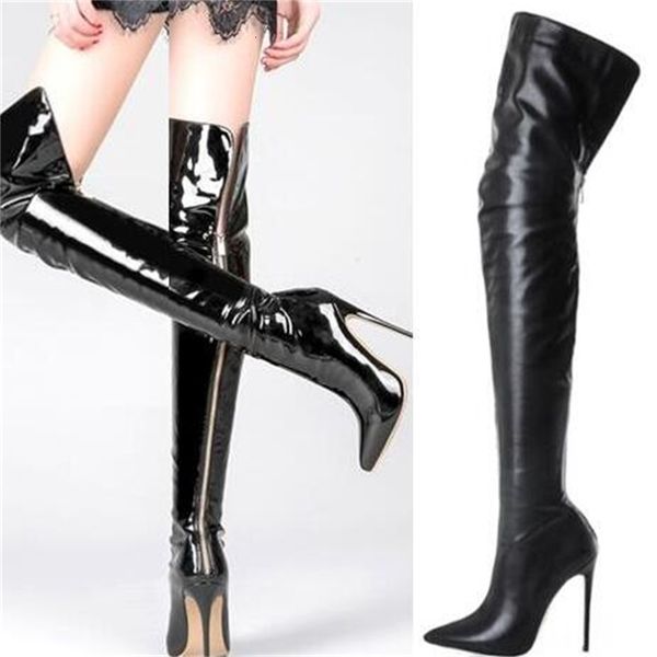 

boots spring black patent leather zip foot finger loop pointed thin jumps over skinny knee thick big 43 tz52