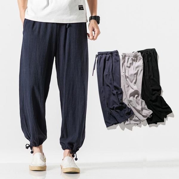 

men's pants 2021 mens nature cotton linen trousers summer 5xl casual male solid loose, Black