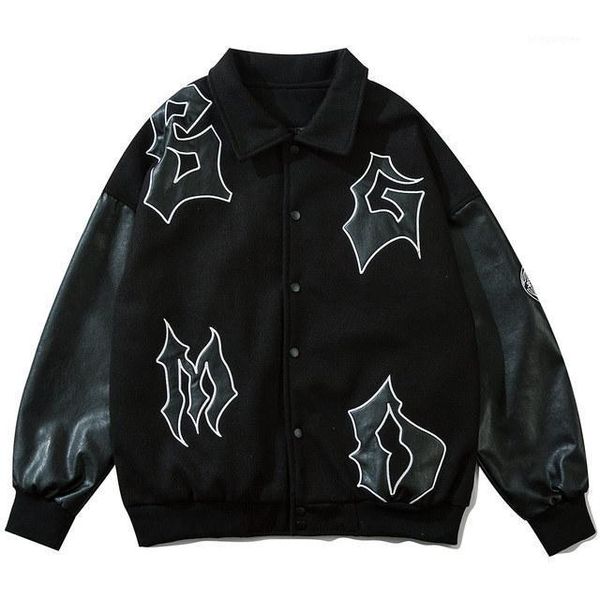 

men's jackets hip hop vintage varsity jacket embroidered letter pu leather patchwork baseball fashion casual coat oversized streetwear, Black;brown
