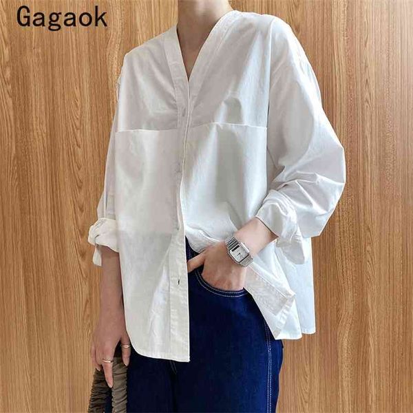 

women streetwear fashiokn shirt spring autumn solid v-neck pockets full loose casual wild chic and blouses 210531, White