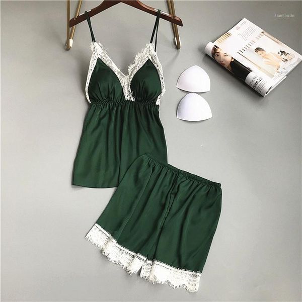 

women's sleepwear 2 piece women summer pajamas set stain silk and shorts lace flower breathable short pants home wear, Black;red