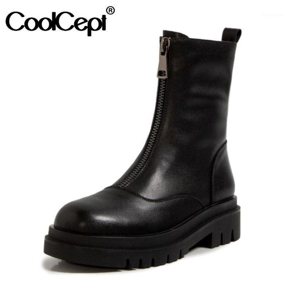 

boots coolcept real leather women mid calf front zipper round toe shoes winter warm party footwear size 34-401, Black