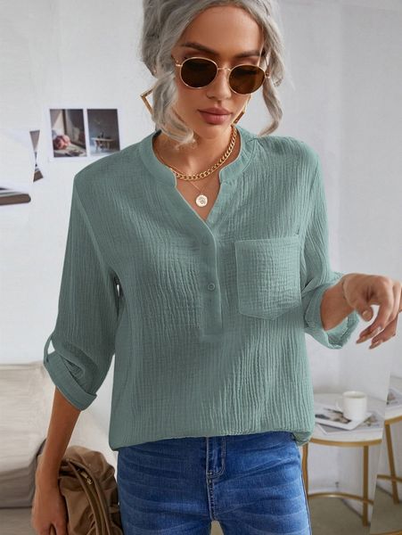 

roll tab sleeve patched pocket blouse m830#, White