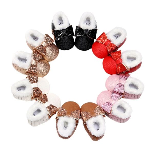 

first walkers est arrival infant baby leather moccasins winter warm fur lined crib shoes soft sole prewalker with shiny bowknot