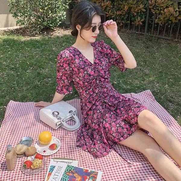 

women chiffon dress summer female short sleeve vintage print floral drawnstring a-line mini casual boho vestidos 210423, Black;gray
