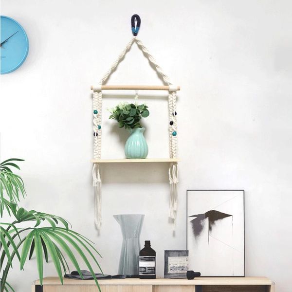 

hand-woven macrame tapestries rack wooden shelf pot planter hanger bohemian decorative shelves wall hanging ornament objects & figurines