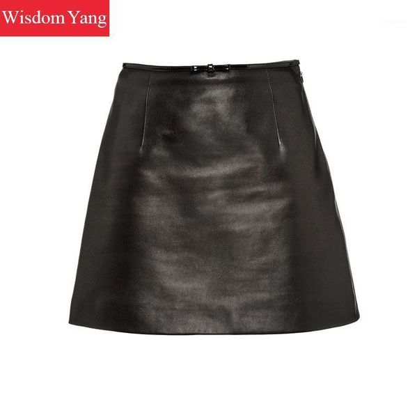 

black real sheep skin genuine leather mini wrap skirts streetwear high waiste women party ladies a-line sundress skirt