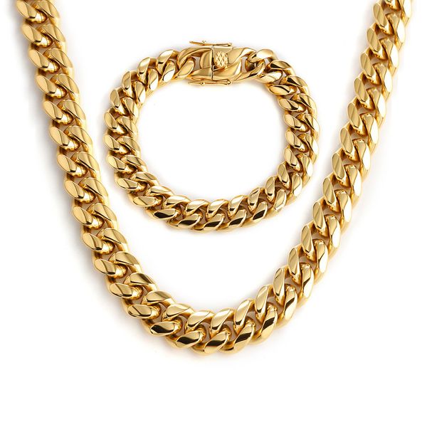 Miami Cuban Link Chains Uomo Donna Set di gioielli Collane Hip Hop Bracciali Acciaio inossidabile 316L Doppia chiusura di sicurezza Catenacci Curb 1,4 cm Largo 18 pollici-30 pollici 2 colori