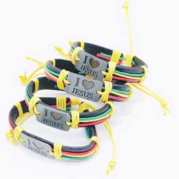 

fashion christian retro leather charm bracelets i love jesus alloy rope handmade woven jewelry for men women, Golden;silver