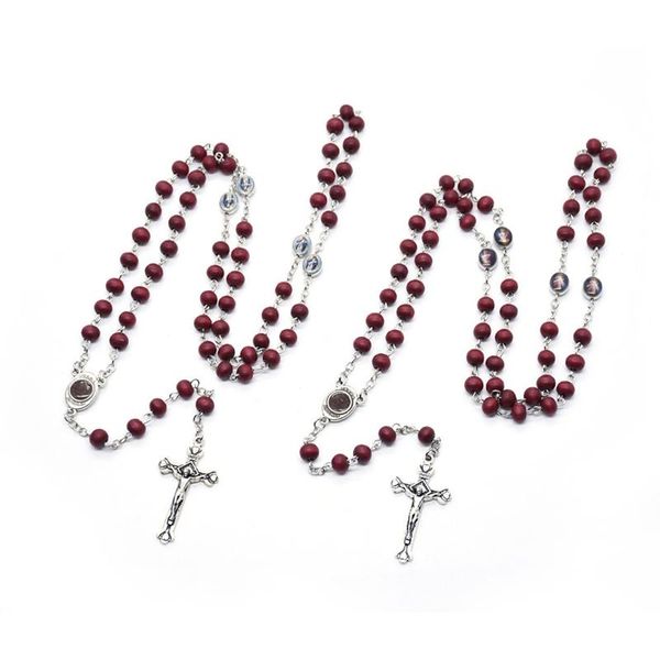 Qigo Collana con croce di rosario in legno rosso Vergine Padre Ornamento religioso Catena di perline battesimali