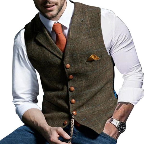 

men's vests mens suit vest notched plaid wool herringbone tweed waistcoat casual formal business groomman for wedding green/black/green, Black;white