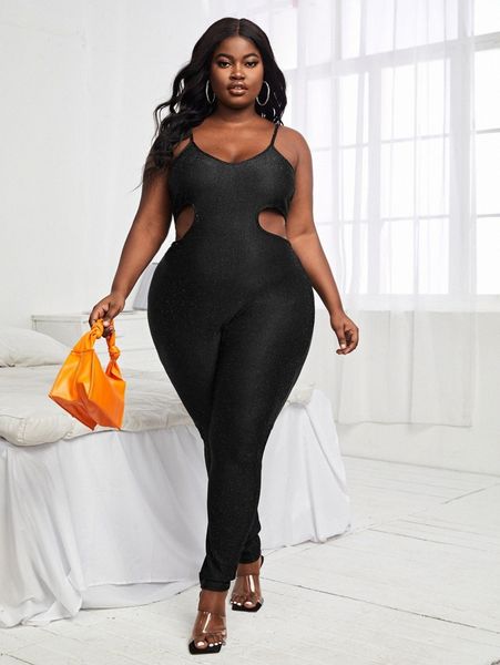 

sxy plus cut out waist glitter cami jumpsuit b1v1#, Black