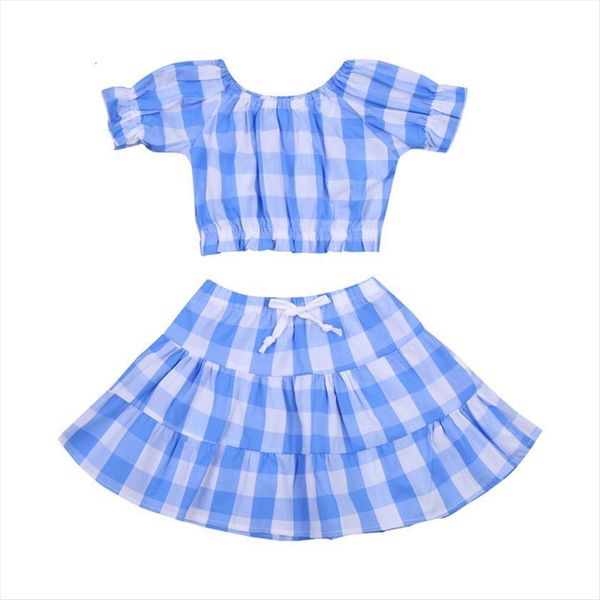 

summer girls clothing set plaid short sleeve skirt two piece suit little girl clothes children sets kids, White