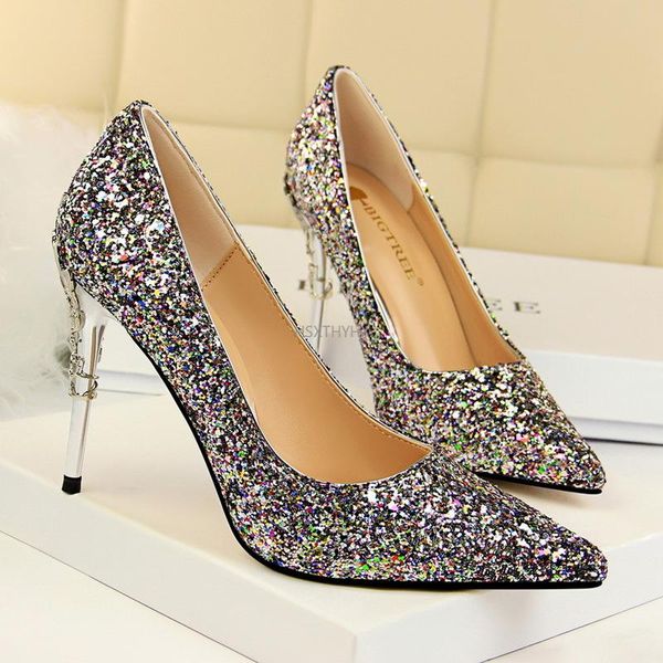 

dress shoes gold high heels women pumps office pointed toe metal decoration bling bridal wedding 34-43, Black