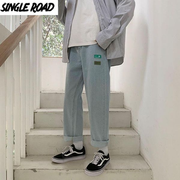 

men's jeans single road men's straight baggy men 2021 solid denim pants japanese streetwear korean style blue wide leg for