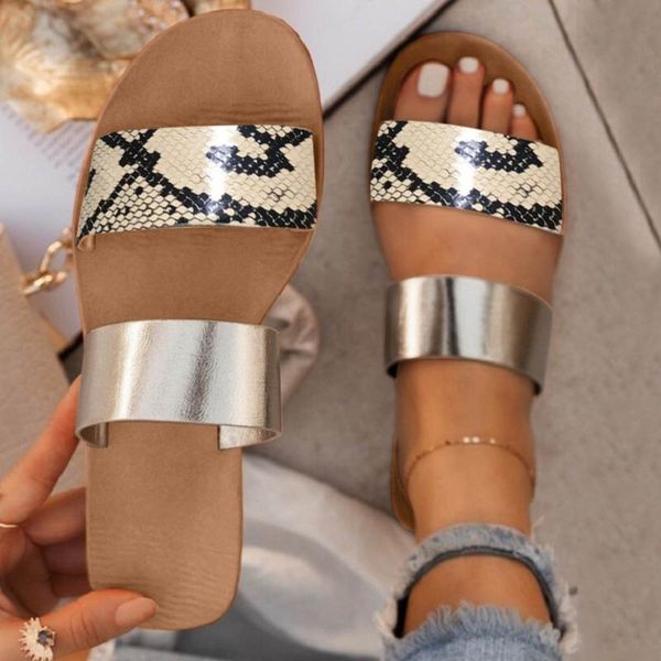 

slippers women's fashion flat bottom casual wear one line beach shoes heel snake pattern large size sandals summer shoe, Black
