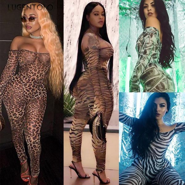 Jumpsuits das mulheres Macacão Lugentolo Mulheres Jumpsuit Sexy Peito de Peito Impressão Leopardo Tigre Padrão Longo Sino Manga Casual Apertado Um deve