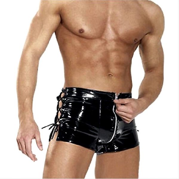 

women's panties exotic wetlook latex shorts men pu leather zipper open crotch bondage boxer gay lace up costume, Black;pink