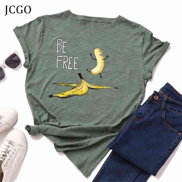 Jcgo Sommer Baumwolle Frauen T-shirt S-5XL Plus Größe Kurzarm Lustige Kostenlose Bananen-Druck T-Shirt Tops Casual O-Neck Weibliche T-Shirt 210324