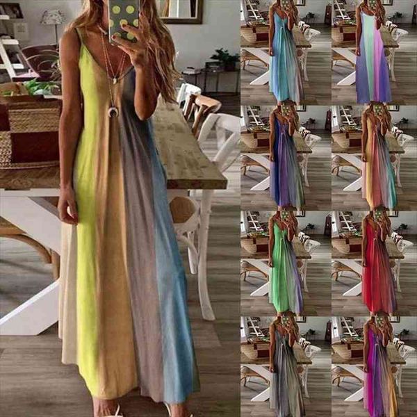 

summer colorful gradient spaghetti strap women dress party boho v neck beach long maxi dresses plus size 5xl cami, Black;gray