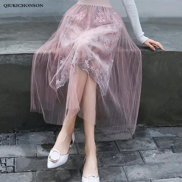 

skirts embroidery high waisted women a line long midi length floral mesh tulle skirt pleated jupe femme, Black
