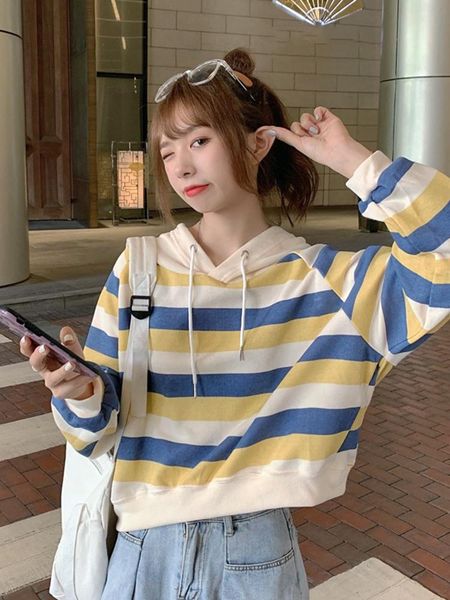 

women's hoodies & sweatshirts contrast color striped short women simple long sleeve loose student fashion all-match female, Black