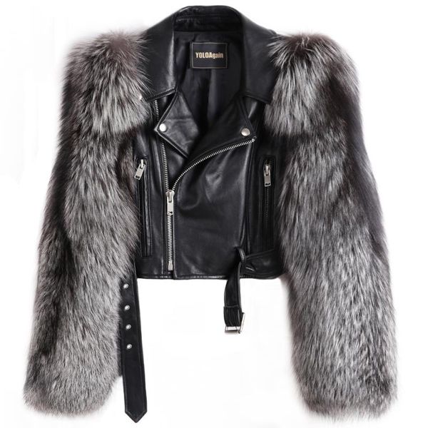 

women's leather & faux yoloagain women real silver fur sleeve crocodile pattern genunie jacket short, Black